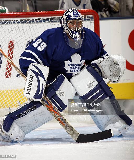 Joey MacDonald of the Toronto Maple Leafs warms up before playing the Pittsburgh Penguins during a pre-season NHL game at the Air Canada Centre on...