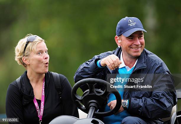 Captain of Continental Europe team Thomas Bjorn and his wife Pernilla Bjorn watch during the first day fourball at The Vivendi Trophy with Severiano...