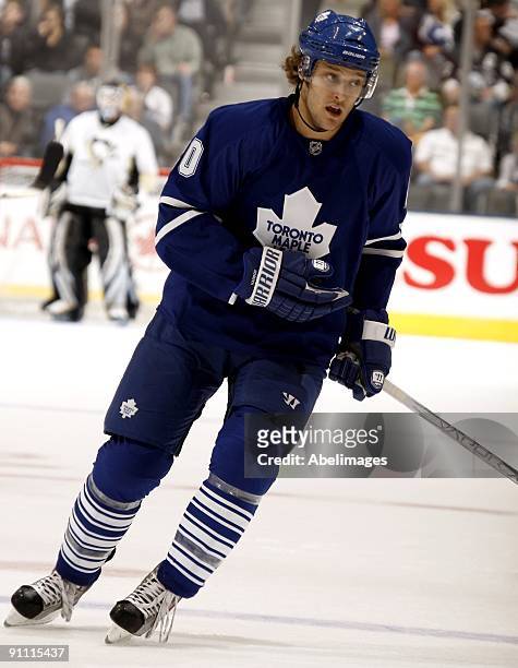 Christian Hanson of the Toronto Maple Leafs skates against the Pittsburgh Penguins during a pre-season NHL game at the Air Canada Centre on September...