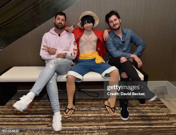 Dancer Maksim Chmerkovskiy, video game fictional character Luffy and Valentin Chmerkovskiy attend a news conference celebrating the 1st Anniversary...