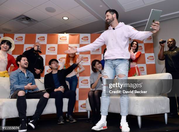 Dancers Valentin Chmerkovskiy and his brother Maksim Chmerkovskiy attend a news conference celebrating the 1st Anniversary of One Piece Thousand...