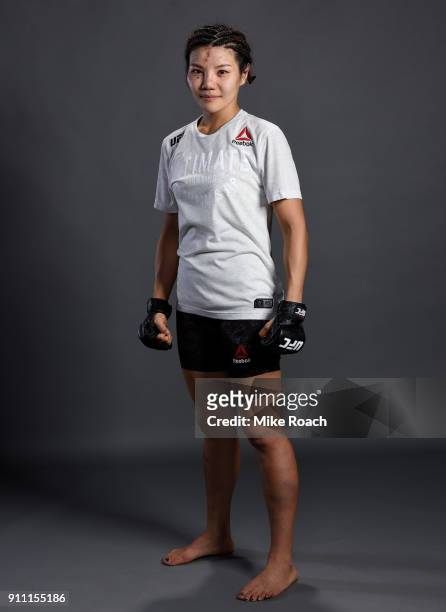 Ji Yeon Kim of South Korea poses for a post fight portraits backstage during a UFC Fight Night event at Spectrum Center on January 27, 2018 in...