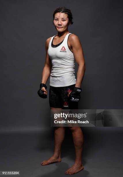 Ji Yeon Kim of South Korea poses for a post fight portraits backstage during a UFC Fight Night event at Spectrum Center on January 27, 2018 in...