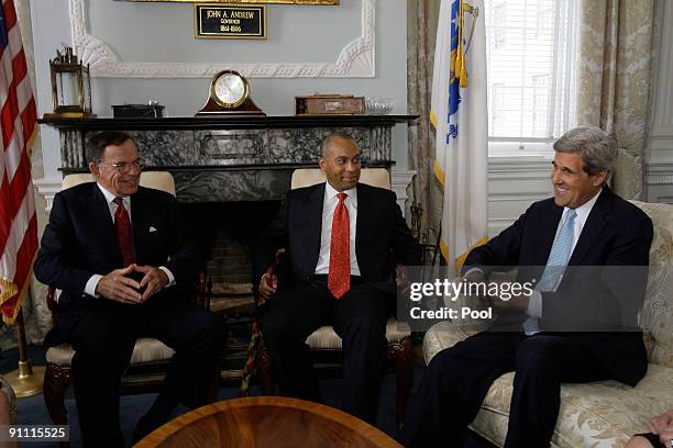 Interim Senator Paul G. Kirk Jr. , U.S. Senator John Kerry and Massachusetts Democratic Governor Deval Patrick sit together before a press conference...