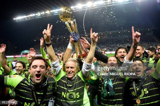 Sporting's Portuguese coach Jorge Jesus celebrates after winning the Portuguese Cup final football match between Vitoria FC and Sporting CP at the...