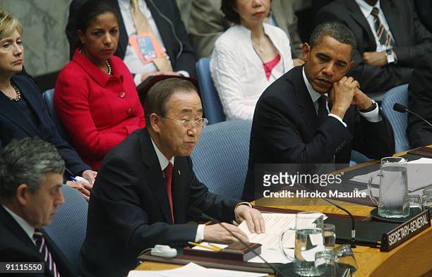 United Nations Secretary-General Ban Ki-Moon speaks as U.S. President Barack Obama , U.S. Ambassador to the UN Susan Rice , and U.S. Secretary of...
