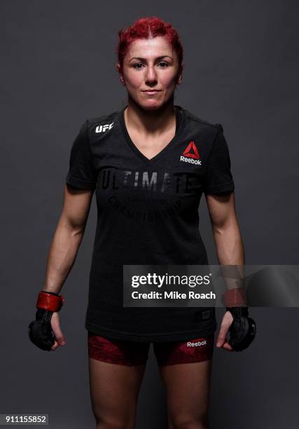 Randa Markos of Iraq poses for a post fight portraits backstage during a UFC Fight Night event at Spectrum Center on January 27, 2018 in Charlotte,...