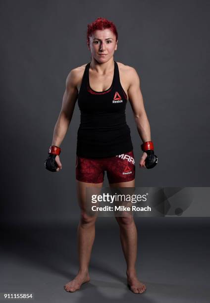Randa Markos of Iraq poses for a post fight portraits backstage during a UFC Fight Night event at Spectrum Center on January 27, 2018 in Charlotte,...