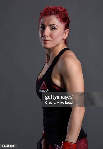 Randa Markos of Iraq poses for a post fight portraits backstage during a UFC Fight Night event at Spectrum Center on January 27, 2018 in Charlotte,...