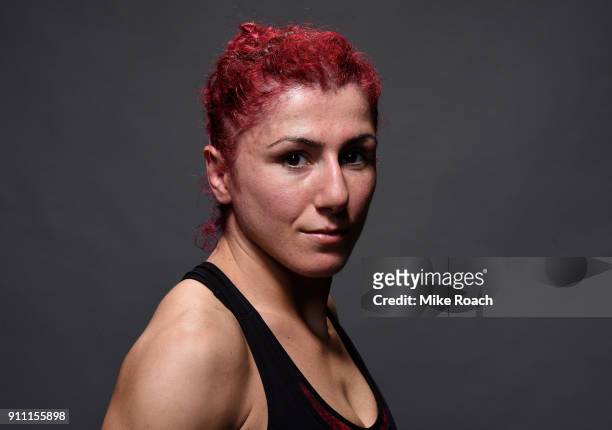 Randa Markos of Iraq poses for a post fight portraits backstage during a UFC Fight Night event at Spectrum Center on January 27, 2018 in Charlotte,...