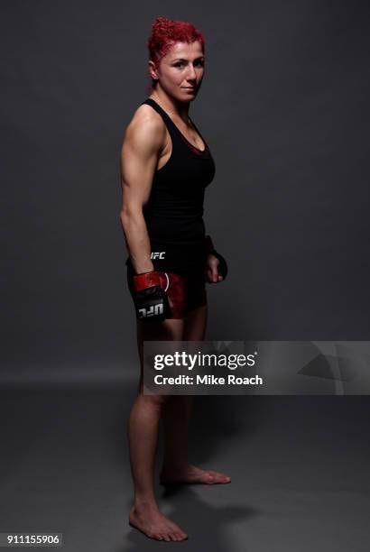 Randa Markos of Iraq poses for a post fight portraits backstage during a UFC Fight Night event at Spectrum Center on January 27, 2018 in Charlotte,...