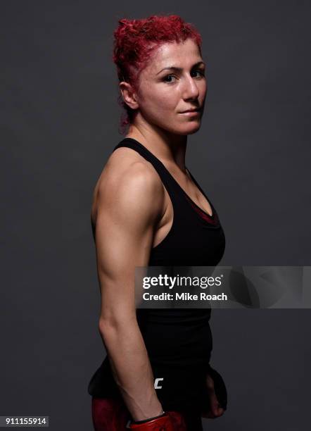 Randa Markos of Iraq poses for a post fight portraits backstage during a UFC Fight Night event at Spectrum Center on January 27, 2018 in Charlotte,...