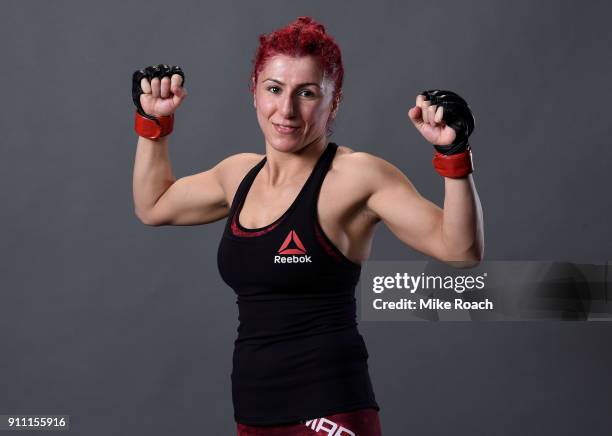 Randa Markos of Iraq poses for a post fight portraits backstage during a UFC Fight Night event at Spectrum Center on January 27, 2018 in Charlotte,...