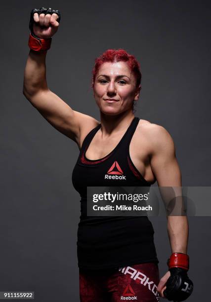 Randa Markos of Iraq poses for a post fight portraits backstage during a UFC Fight Night event at Spectrum Center on January 27, 2018 in Charlotte,...