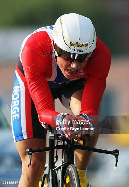 Edvald Boasson Hagen of Norway in action during the Elite Men's Time Trial at the 2009 UCI Road World Championships on September 24, 2009 in...