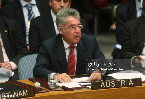 Austria President Heinz Fischer speaks during a Security Council meeting at the United Nations headquarters September 24, 2009 in New York City. The...