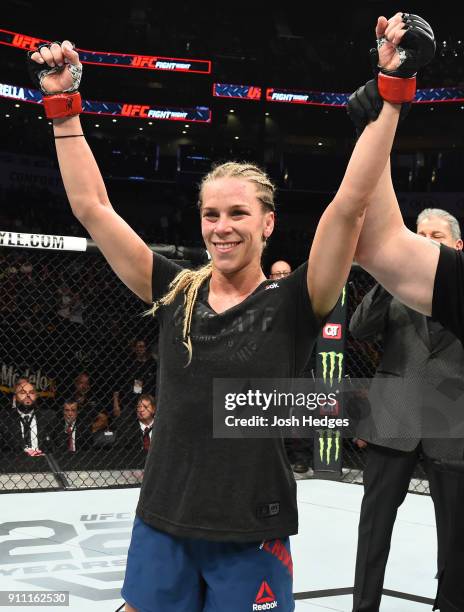 Katlyn Chookagian celebrates her victory over Mara Romero Borella of Italy in their women's flyweight bout during a UFC Fight Night event at Spectrum...