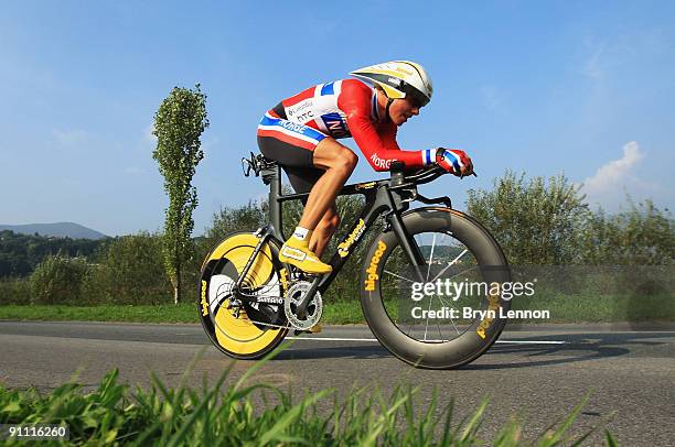 Edvald Boasson Hagen of Norway in action during the Elite Men's Time Trial at the 2009 UCI Road World Championships on September 24, 2009 in...