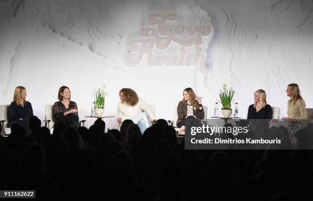 Laura Linney, Gillian Flynn, Elaine Welteroth, Drew Barrymore, Chelsea Handler and Gwyneth Paltrow speak on stage at the in goop Health Summit on...