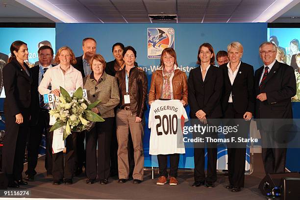 All guests of the evening pose for photographers during the FIFA Women's U20 World Cup 2010 kick-off event at the Schueco Arena on September 24, 2009...