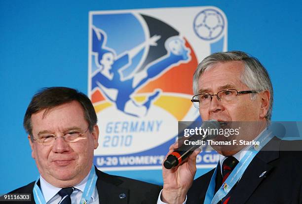 Ans-Hermann Schwick , president of Arminia Bielefeld, and Eberhard David, mayor of the city of Bielefeld, look on during the FIFA Women's U20 World...