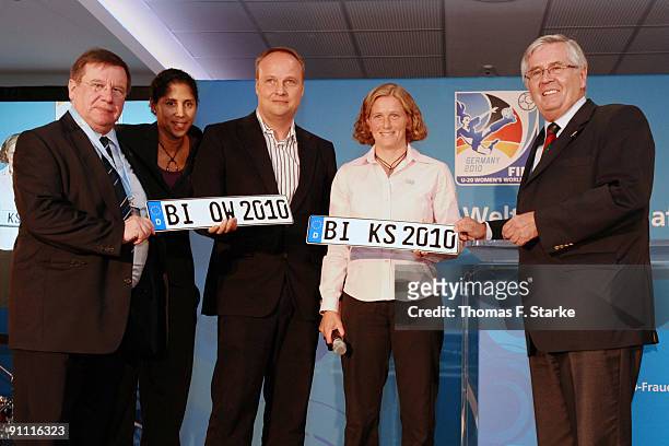 Hans-Hermann Schwick, president of Arminia Bielefeld, Steffi Jones, president of the FIFA organisation commitee, World Cup ambassadors of Bielefeld...
