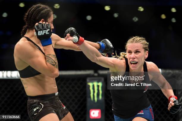 Katlyn Chookagian throws a punch against Mara Romero Borella of Italy in their flyweight bout during the UFC Fight Night event inside the Spectrum...