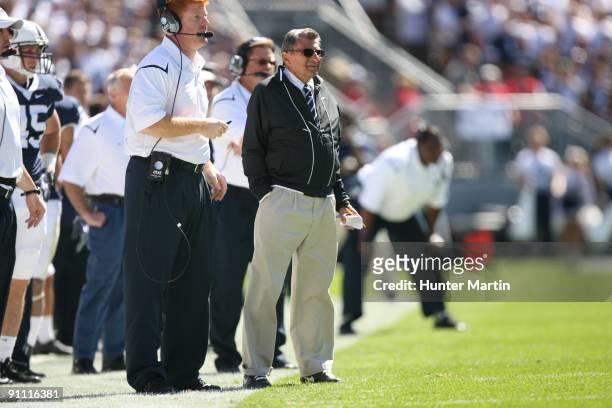 Head coach Joe Paterno of the Penn State Nittany Lions coaches on the sideline during a game against the Temple Owls on September 19, 2009 at Beaver...