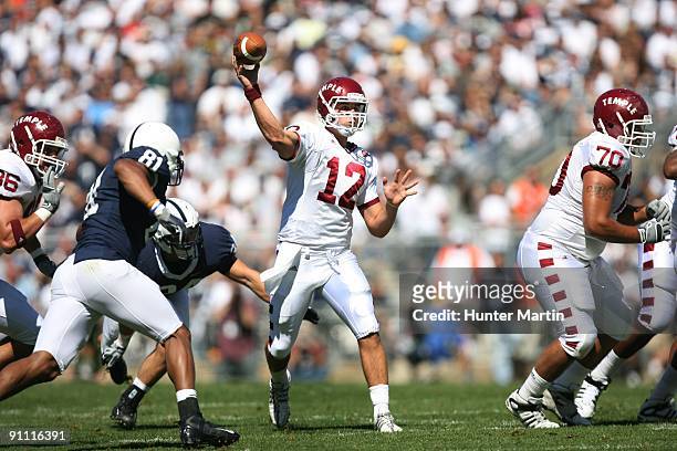 Quarterback Vaughn Charlton of the Temple Owls throws a pass during a game against the Penn State Nittany Lions on September 19, 2009 at Beaver...