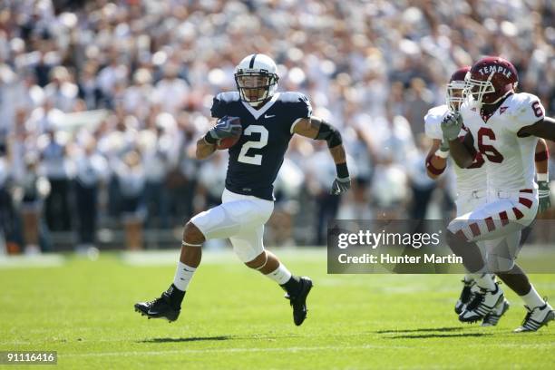 Wide receiver Chaz Powell of the Penn State Nittany Lions runs with the ball after catching a pass during a game against the Temple Owls on September...