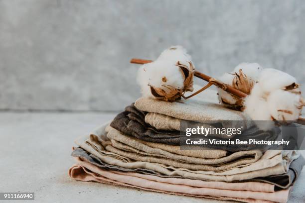 linen napkin en neutral colores with dried cotton - cotton ストックフォトと画像