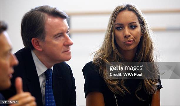 Business Secretary Peter Mandelson sits with pop singer Leona Lewis at the British school of performing arts September 24, 2009 in Croydon, England....