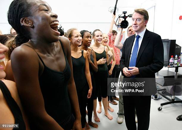 Business Secretary Peter Mandelson talks to dancers at the British school of performing arts September 24, 2009 in Croydon, England. Mandelson...