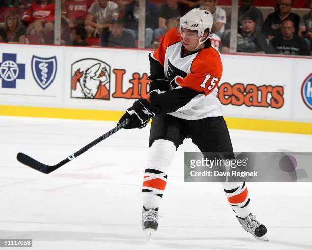 Andreas Nodl of the Philadelphia Flyers passes the puck during a NHL pre-season game against the Detroit Red Wings at Joe Louis Arena on September...