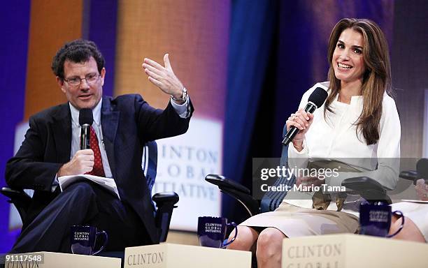 New York Times columnist Nicholas D. Kristof appears with Queen Rania Al-Abdullah of Jordan at the Clinton Global Initiative on September 24, 2009 in...