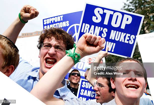 Students Joey Sacharow and Etan Dinnerman of Yeshivat Rambam, a Jewish school in Baltimore, shout slogans during an anti-nukes rally September 24,...