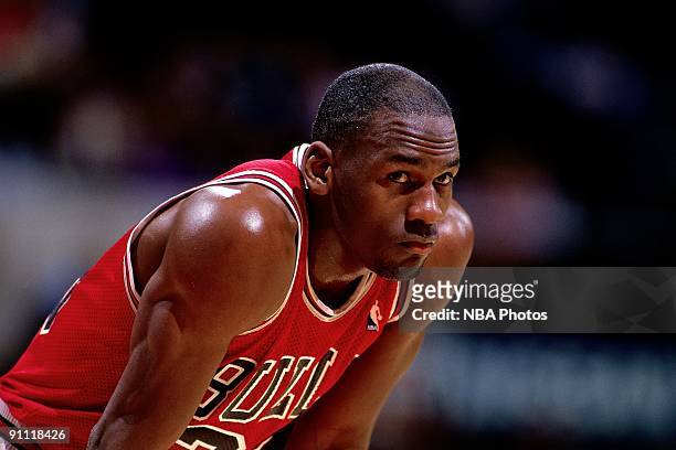 Michael Jordan of the Chicago Bulls looks on durng a NBA game. Michael Jordan played for the Chicago Bull from 1981 through 1998. NOTE TO USER: User...