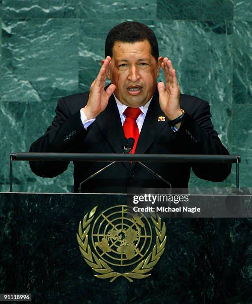 Hugo Chavez, President of Venezuela, addresses the United Nations General Assembly at the U.N. Headquarters on September 24, 2009 in New York City....