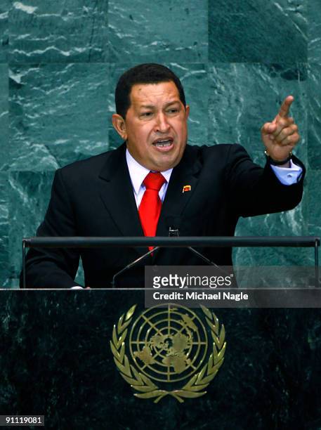 Hugo Chavez, President of Venezuela, addresses the United Nations General Assembly at the U.N. Headquarters on September 24, 2009 in New York City....