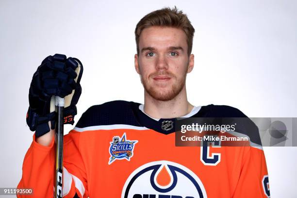 Connor McDavid of the Edmonton Oilers poses for a portrait during the 2018 NHL All-Star at Amalie Arena on January 27, 2018 in Tampa, Florida.