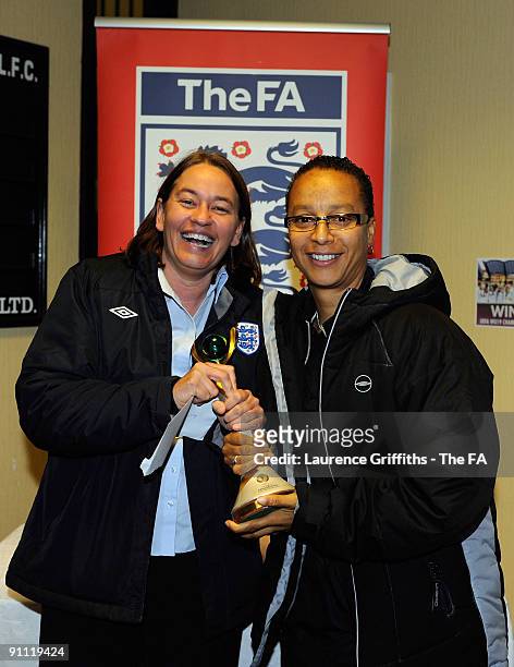 Rachael Pavlou and Hope Powell during the Womens U19 International between England and Norway at Spotland Stadium on September 24, 2009 in Rochdale,...