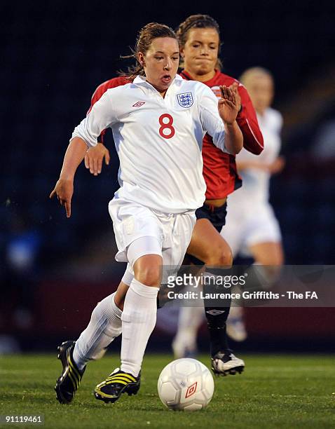 Jordan Nobbs of England in action during the Womens U19 International between England and Norway at Spotland Stadium on September 24, 2009 in...
