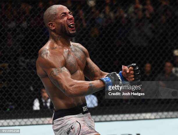 Bobby Green yells after facing Erik Koch in their lightweight bout during a UFC Fight Night event at Spectrum Center on January 27, 2018 in...