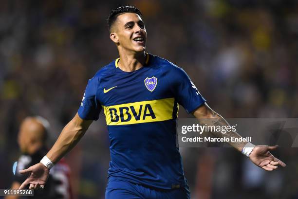 Cristian Pavon of Boca Juniors celebrates after scoring the first goal of his team during a match between Boca Juniors and Colon as part of the...