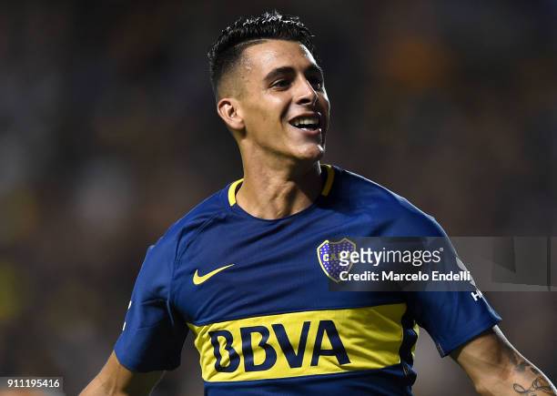 Cristian Pavon of Boca Juniors celebrates after scoring the first goal of his team during a match between Boca Juniors and Colon as part of the...