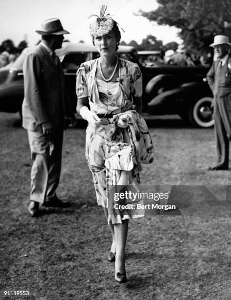 Mrs E.F. Hutton, the former Marjorie Merriweather Post, attends the 20 Goal Finals for polo at Southampton, NY, 1934.