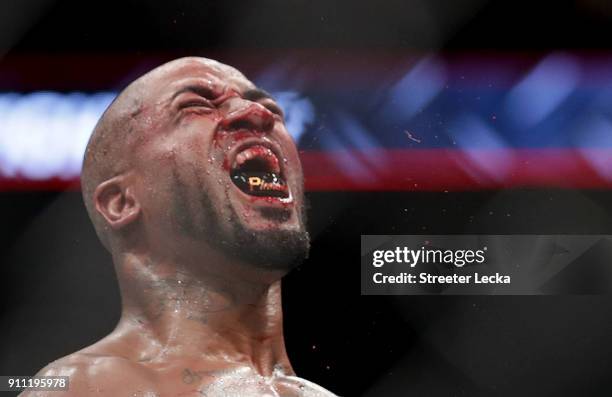 Bobby Green reacts after defeating Erik Koch during UFC Fight Night at Spectrum Center on January 27, 2018 in Charlotte, North Carolina.