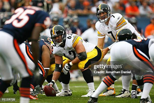 Ben Roethlisberger of the Pittsburgh Steelers prepares to take the snap from center Justin Hartwig against the Chicago Bears on September 20, 2009 at...