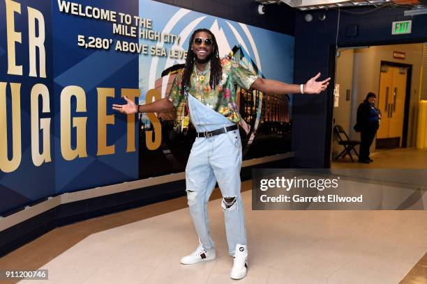 Kenneth Faried of the Denver Nuggets enters the arena before the game against the Dallas Mavericks on January 27, 2018 at the Pepsi Center in Denver,...