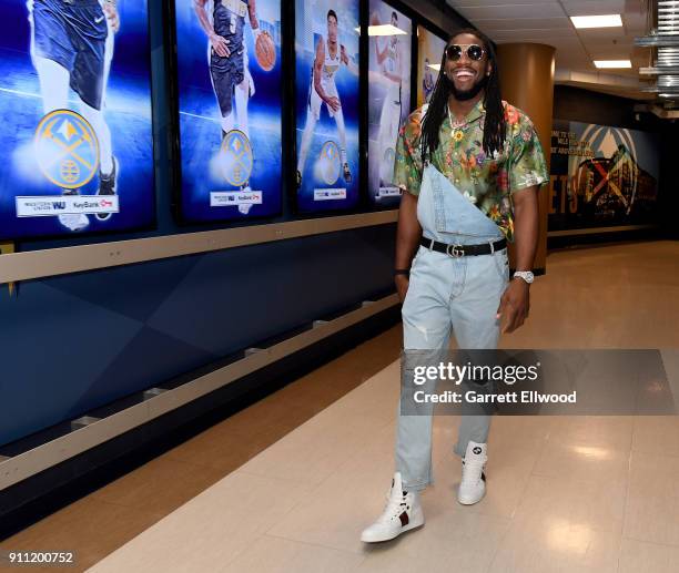 Kenneth Faried of the Denver Nuggets enters the arena before the game against the Dallas Mavericks on January 27, 2018 at the Pepsi Center in Denver,...